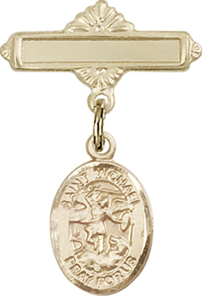 Personalized Baby Badge - Engraved Badge Pin with St. Michael the Archangel Charm