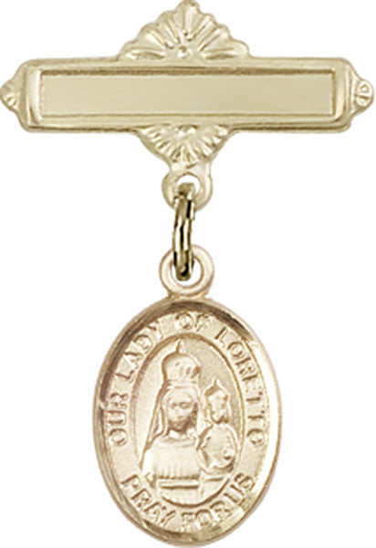 Personalized Baby Badge - Engraved Badge Pin with Our Lady of Loretto Charm