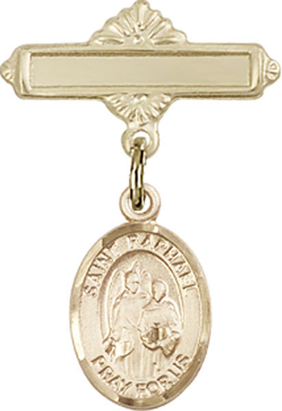 Personalized Baby Badge - Engraved Badge Pin with St. Raphael the Archangel Charm