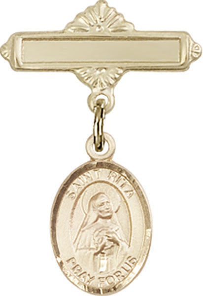 Personalized Baby Badge - Engraved Badge Pin with St. Rita of Cascia Charm