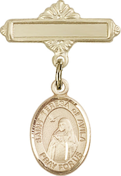 Personalized Baby Badge - Engraved Badge Pin with St. Teresa of Avila Charm