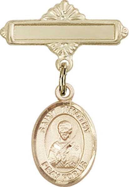 Personalized Baby Badge - Engraved Badge Pin with St. Timothy Charm