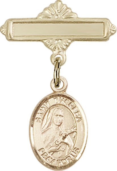 Personalized Baby Badge - Engraved Badge Pin with St. Theresa Charm
