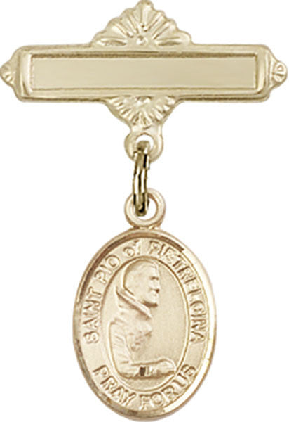 Personalized Baby Badge - Engraved Badge Pin with St. Pio of Pietrelcina Charm