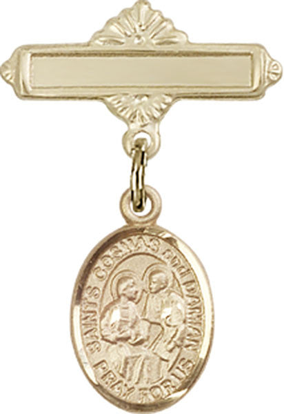 Personalized Baby Badge - Engraved Badge Pin with Sts. Cosmas & Damian Charm