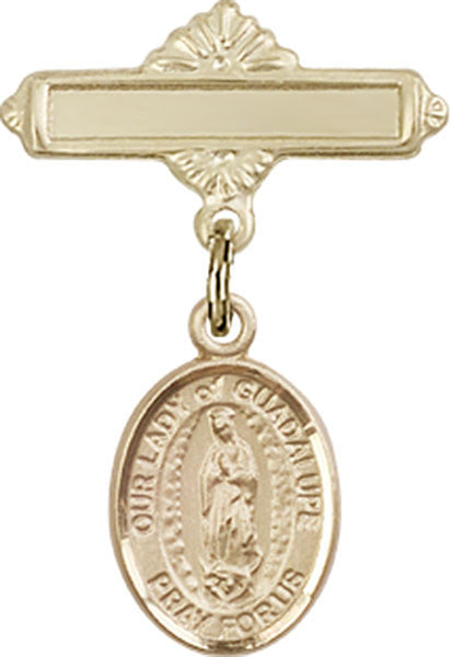 Personalized Baby Badge - Engraved Badge Pin with Our Lady of Guadalupe Charm