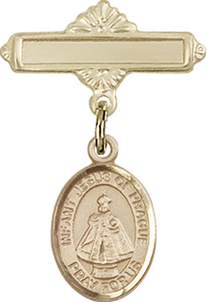 Personalized Baby Badge - Engraved Badge Pin with Infant of Prague Charm