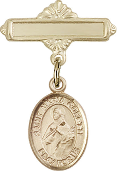 Personalized Baby Badge - Engraved Badge Pin with St. Maria Goretti Charm
