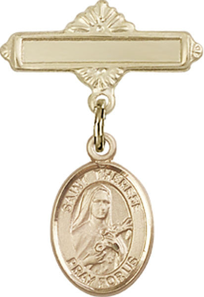 Personalized Baby Badge - Engraved Badge Pin with St. Therese of Lisieux Charm