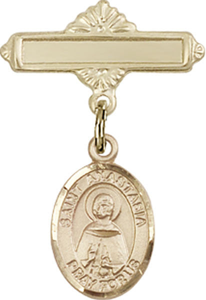Personalized Baby Badge - Engraved Badge Pin with St. Anastasia Charm