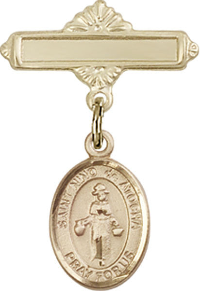 Personalized Baby Badge - Engraved Badge Pin with Santo Nino de Atocha Charm