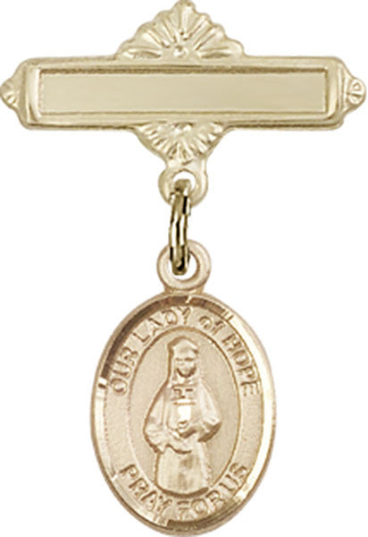 Personalized Baby Badge - Engraved Badge Pin with Our Lady of Hope Charm