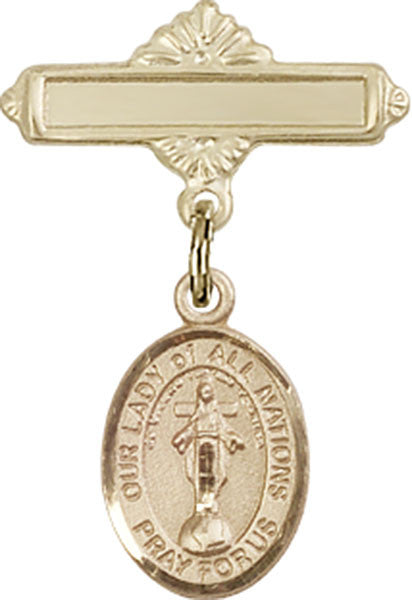 Personalized Baby Badge - Engraved Badge Pin with Our Lady of All Nations Charm