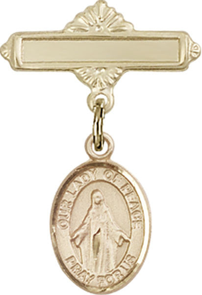 Personalized Baby Badge - Engraved Badge Pin with Our Lady of Peace Charm