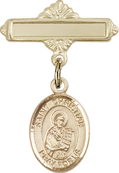 Personalized Baby Badge - Engraved Badge Pin with St. Christian Demosthenes Charm