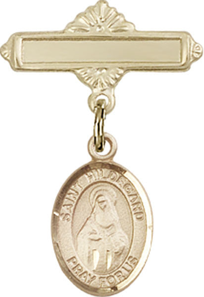 Personalized Baby Badge - Engraved Badge Pin with St. Hildegard von Bingen Charm