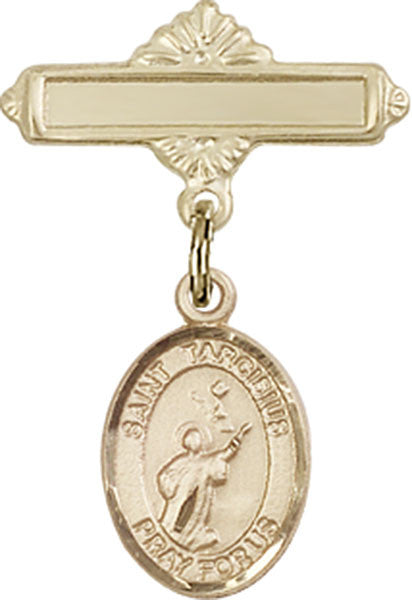 Personalized Baby Badge - Engraved Badge Pin with St. Tarcisius Charm