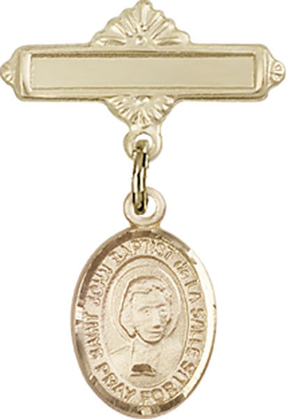 Personalized Baby Badge - Engraved Badge Pin with St. John Baptist de la Salle Charm