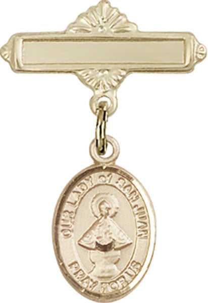 Personalized Baby Badge - Engraved Badge Pin with Our Lady of San Juan Charm