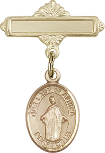 Personalized Baby Badge - Engraved Badge Pin with Our Lady of Africa Charm