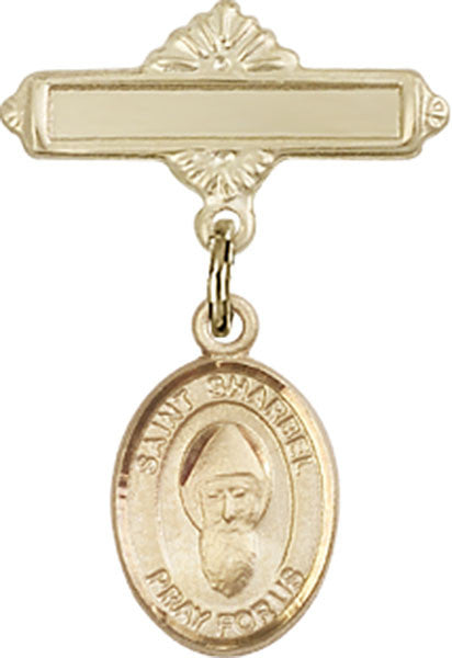 Personalized Baby Badge - Engraved Badge Pin with St. Sharbel Charm