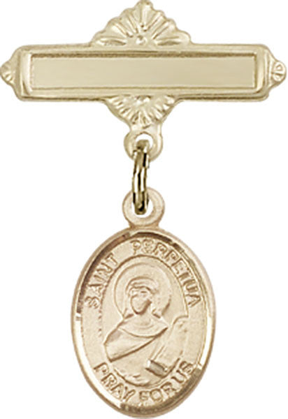 Personalized Baby Badge - Engraved Badge Pin with St. Perpetua Charm