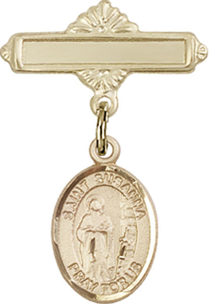 Personalized Baby Badge - Engraved Badge Pin with St. Susanna Charm