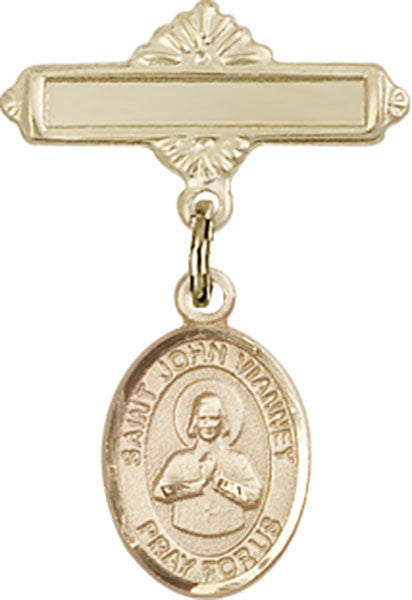 Personalized Baby Badge - Engraved Badge Pin with St. John Vianney Charm