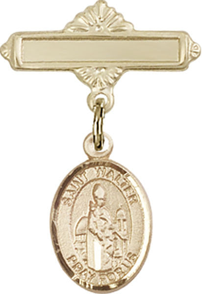 Personalized Baby Badge - Engraved Badge Pin with St. Walter of Pontoise Charm