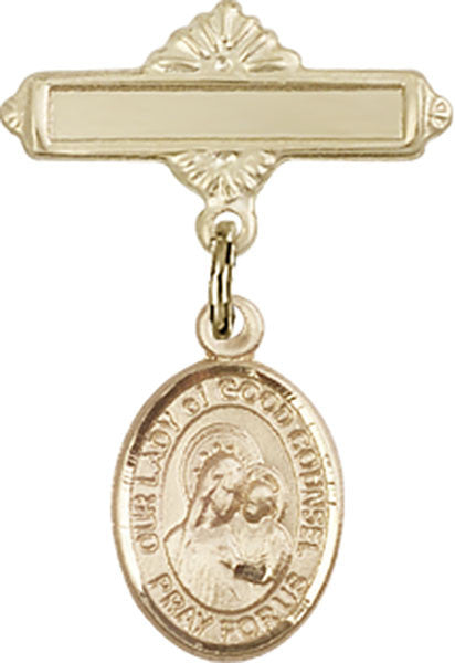 Personalized Baby Badge - Engraved Badge Pin with Our Lady of Good Counsel Charm