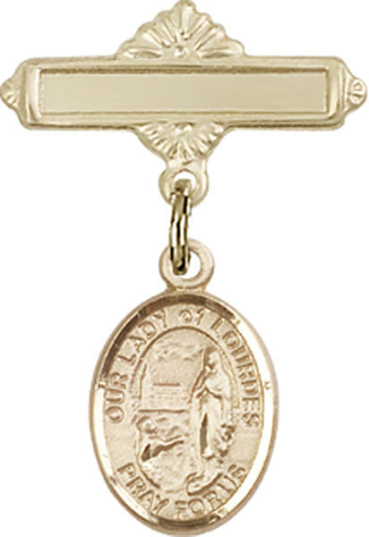 Personalized Baby Badge - Engraved Badge Pin with Our Lady of Lourdes Charm