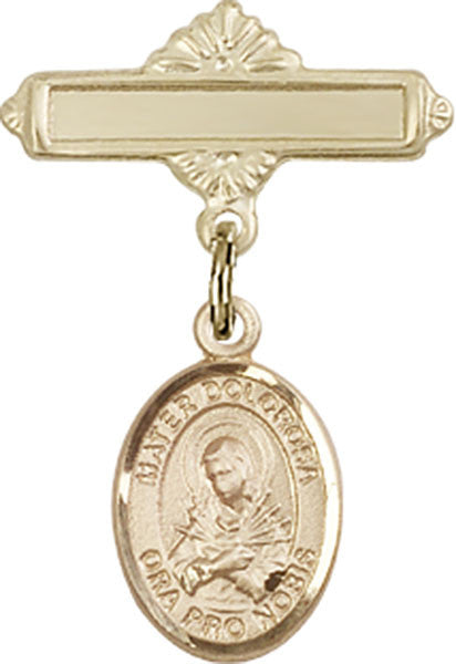 Personalized Baby Badge - Engraved Badge Pin with Mater Dolorosa Charm