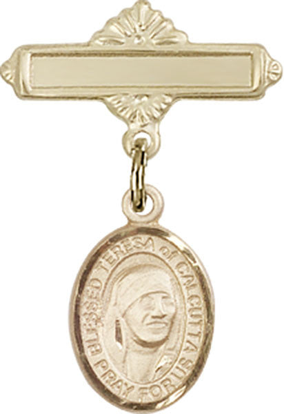 Personalized Baby Badge - Engraved Badge Pin with St. Teresa of Calcutta Charm