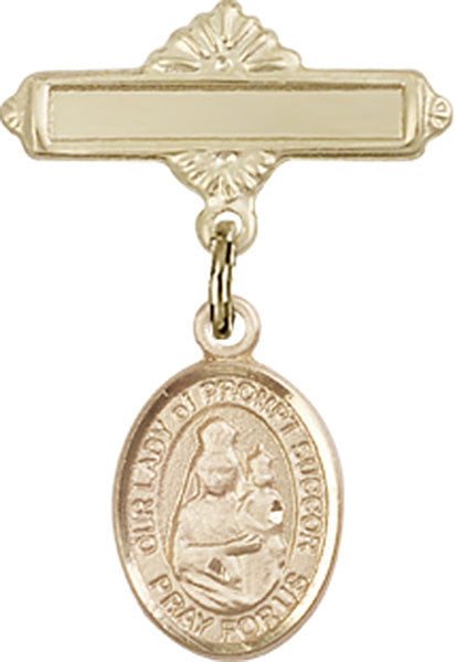 Personalized Baby Badge - Engraved Badge Pin with Our Lady of Prompt Succor Charm