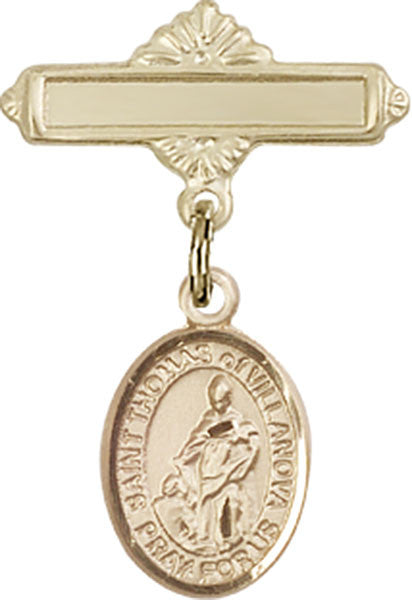 Personalized Baby Badge - Engraved Badge Pin with St. Thomas of Villanova Charm