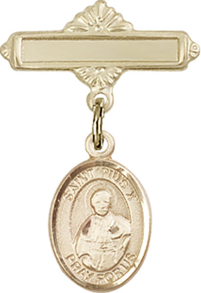 Personalized Baby Badge - Engraved Badge Pin with St. Pius X Charm
