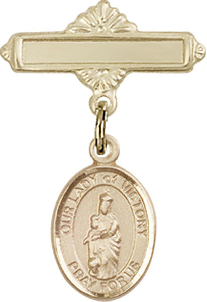Personalized Baby Badge - Engraved Badge Pin with Our Lady of Victory Charm