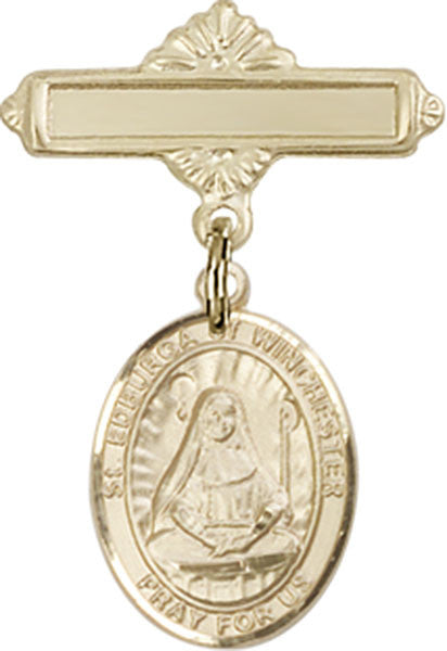 Personalized Baby Badge - Engraved Badge Pin with St. Edburga of Winchester Charm