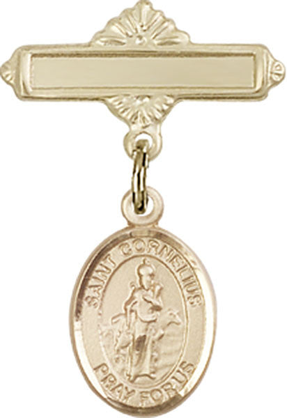 Personalized Baby Badge - Engraved Badge Pin with St. Cornelius Charm