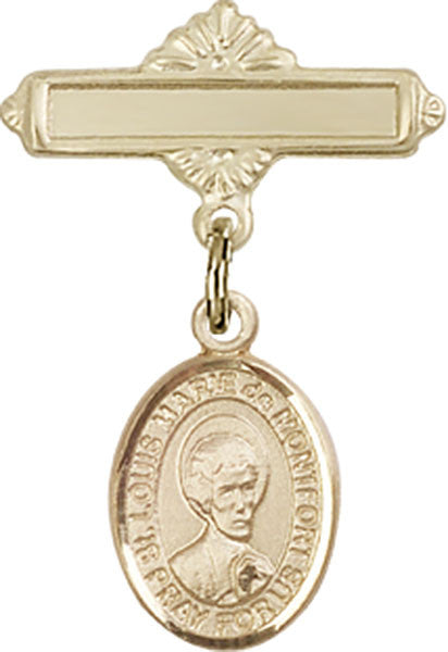 Personalized Baby Badge - Engraved Badge Pin with St. Louis Marie de Montfort Charm
