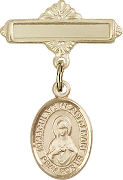 Personalized Baby Badge - Engraved Badge Pin with Immaculate Heart of Mary Charm