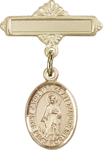 Personalized Baby Badge - Engraved Badge Pin with St. Catherine of Alexandria Charm