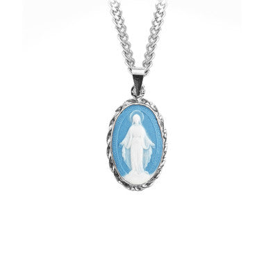 Blue Cameo Miraculous Medal Necklace - Sterling Silver Frame On 18" Stainless Chain (CM170318)