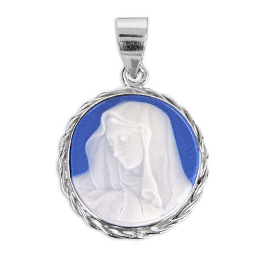 Our Lady of Sorrows Cameo Necklace - Sterling Silver Frame Pendant on 18" Stainless Chain (CM172118)