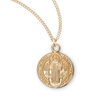 Small St. Benedict Medal Necklace for Girls - 16kt Gold Over Sterling Silver Pendant (0.4" Round) on 13" Gold Plated Chain (GS167713)