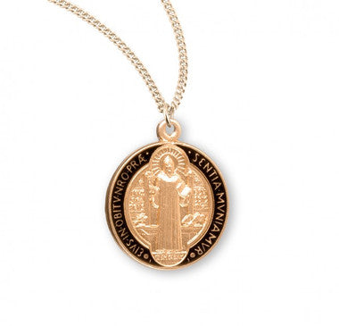 Gold St. Benedict Jubilee Black & Red Medal Necklace - 16k Gold Over Sterling Silver Pendant (0.6" Round) on 18" Stainless Chain (S1680BE18)