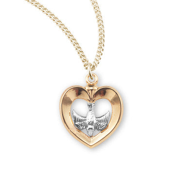 Two Tone Dove Cut Out Heart Necklace - 16KT Gold Over Sterling SIlver Pendant On 18" Gold Plated Chain (GS3721TT18)