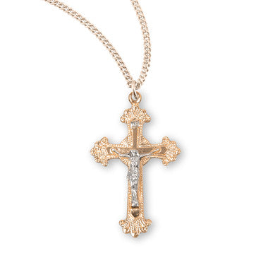 Medium Two-Toned Fancy Engraved Crucifix Necklace - 16KT Gold Over Sterling Silver Pendant on 18" Gold Plated Chain (GS3829TT18)