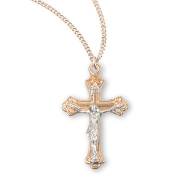 Tapered Two Tone Crucifix Necklace - 16kt Gold Over Sterling Silver Pendant on 18" Stainless Chain (GS3859TT18)