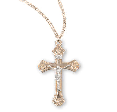 Swirl Tipped Two-Tone Crucifix Necklace - Gold Over Sterling Silver Pendant on 18" Gold Plated Chain (GS3894TT18)